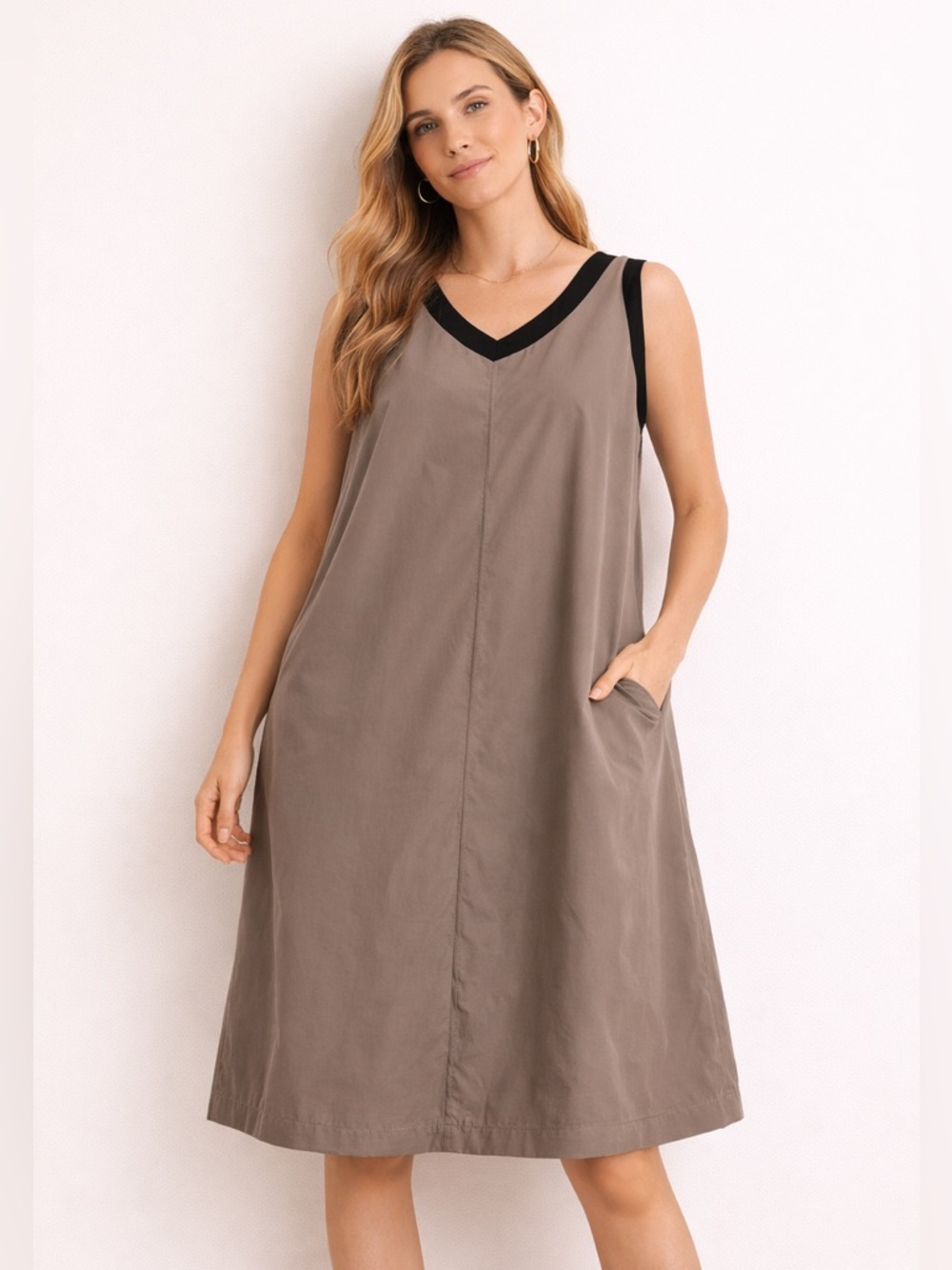 Sun Kim Oversized A-Line Dress Taupe Black Trim Pockets M (Fits L)